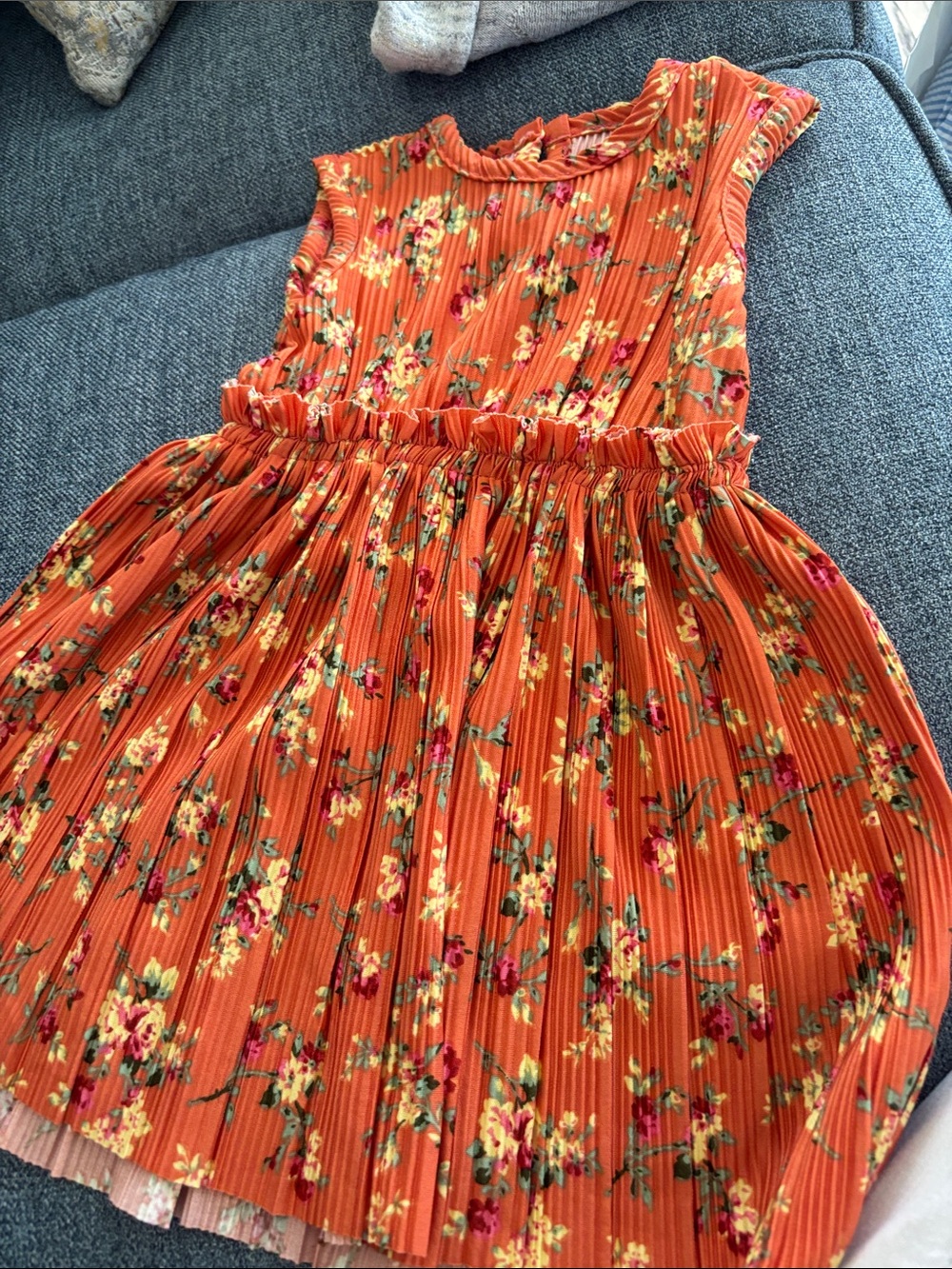 Girls Orange Floral Pleated Casual Dress